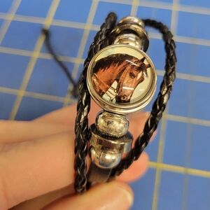 Black Braided Pleather Horse Adjustable Bracelet